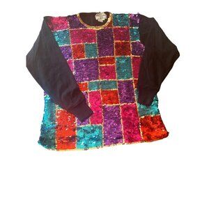 Regency Collection for Joyce Black Knit Multi Color Sequin Sweater Size Large